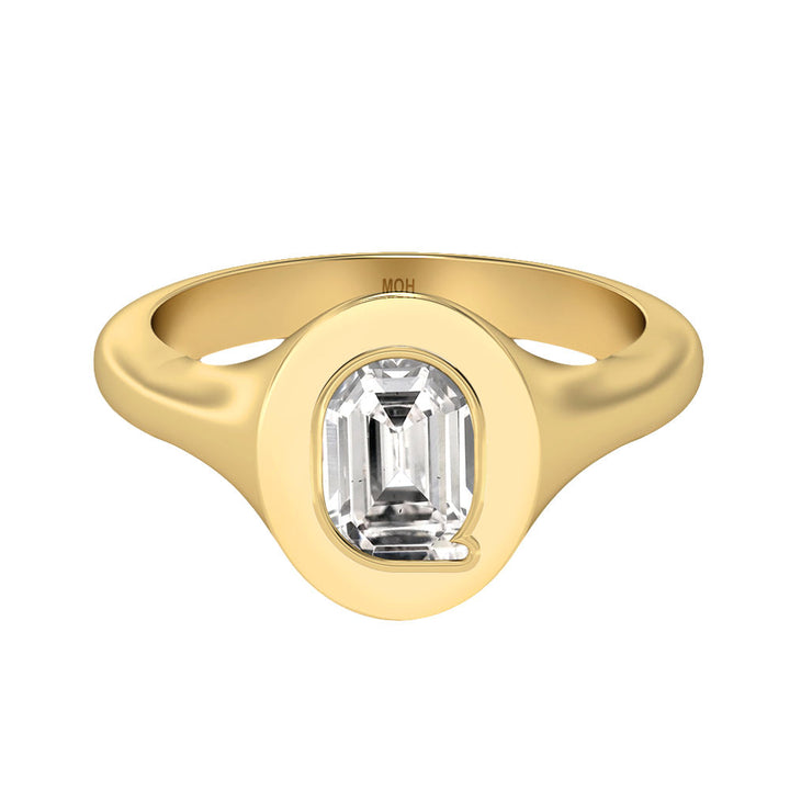 Alphabet 18K Gold Initial Q Signet Ring w. Solitaire Lab-Grown Diamond