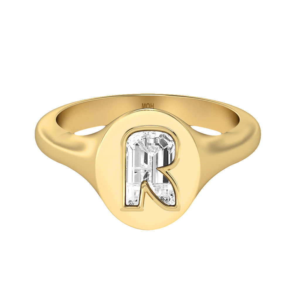 Alphabet-signetring i 18K guld m. bogstavet »R« og en Lab-Grown Diamant