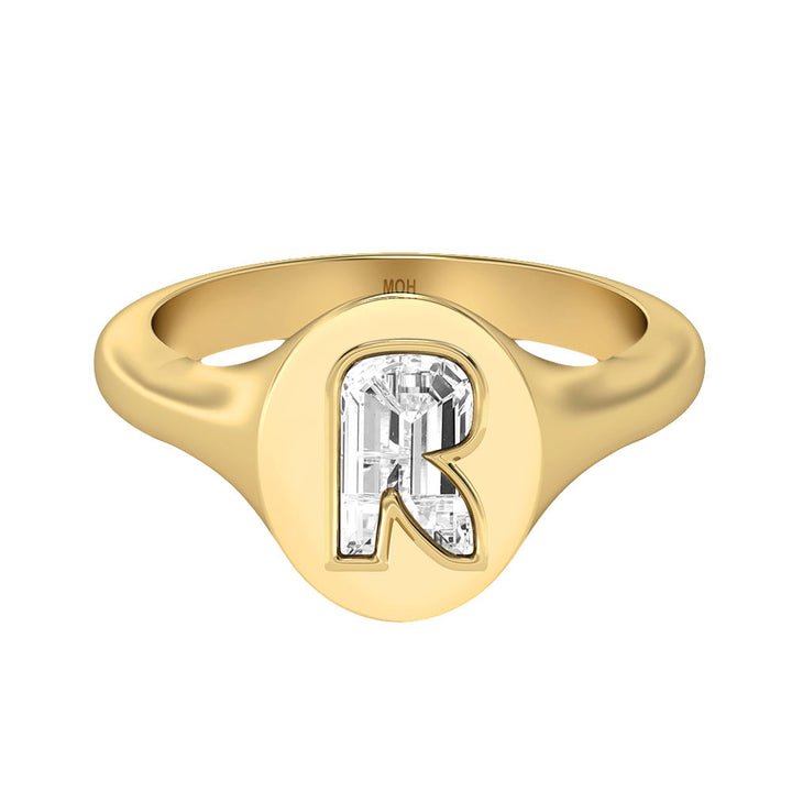 Alphabet 18K Gold Initial R Signet Ring w. Solitaire Lab-Grown Diamond