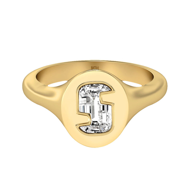 Alphabet 18K Gold Initial S Signet Ring w. Solitaire Lab-Grown Diamond