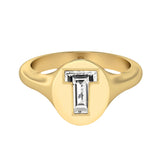 Alphabet 18K Gold Initial T Signet Ring w. Solitaire Lab-Grown Diamond