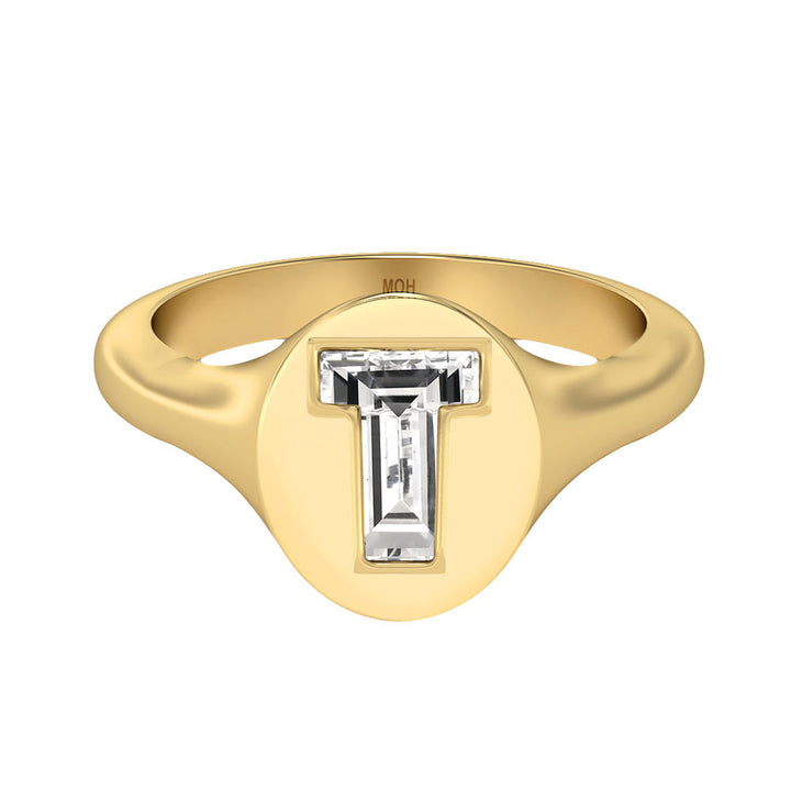 Alphabet 18K Gold Initial T Signet Ring w. Solitaire Lab-Grown Diamond