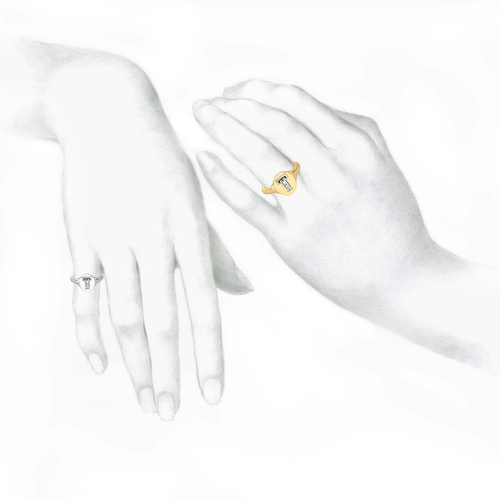 Alphabet 18K Whitegold Initial T Signet Ring w. Solitaire Lab-Grown Diamond