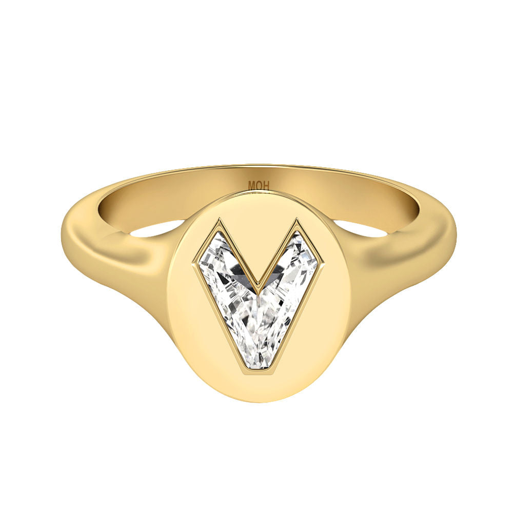 Alphabet 18K Gold Initial V Signet Ring w. Solitaire Lab-Grown Diamond