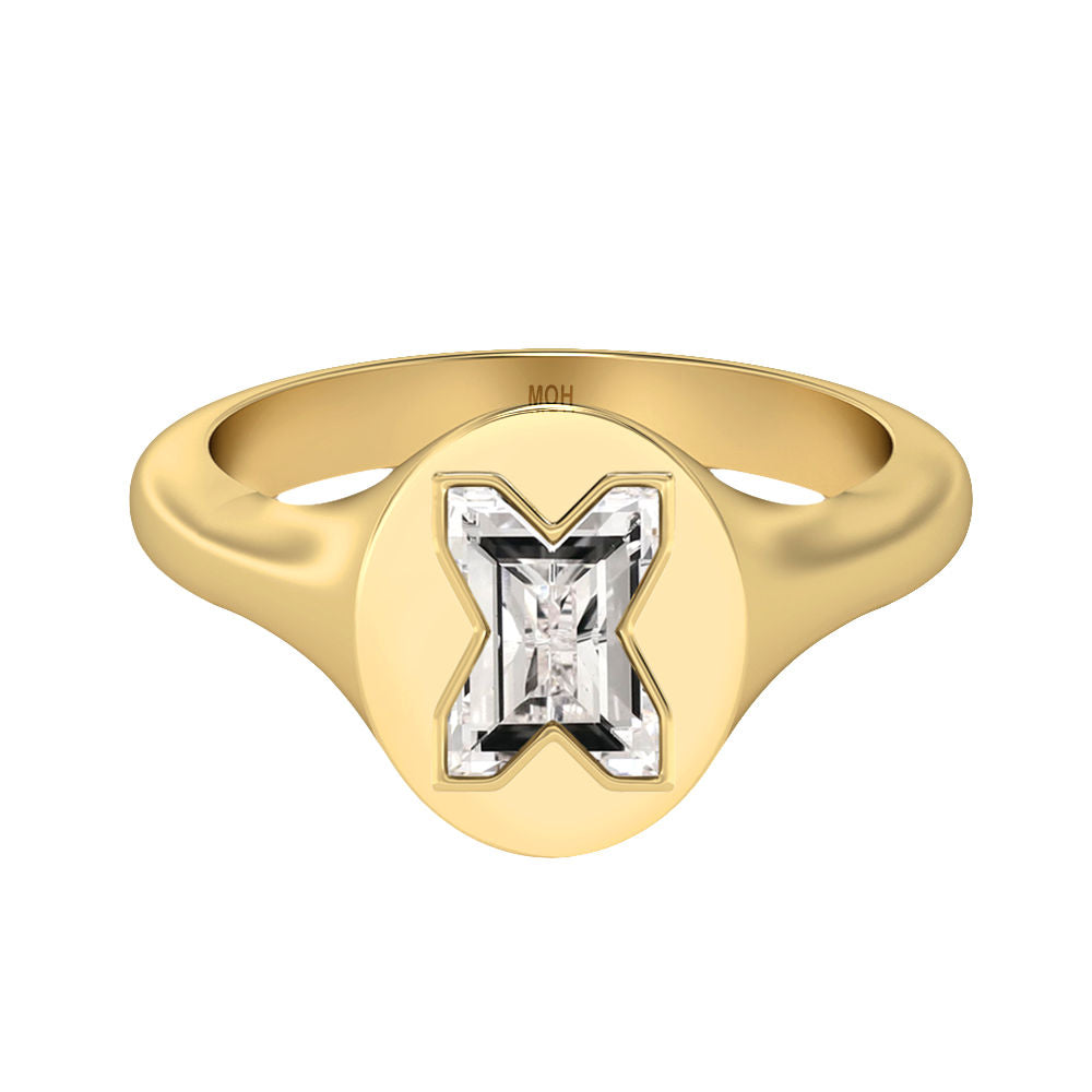 Alphabet 18K Gold Initial X Signet Ring w. Solitaire Lab-Grown Diamond