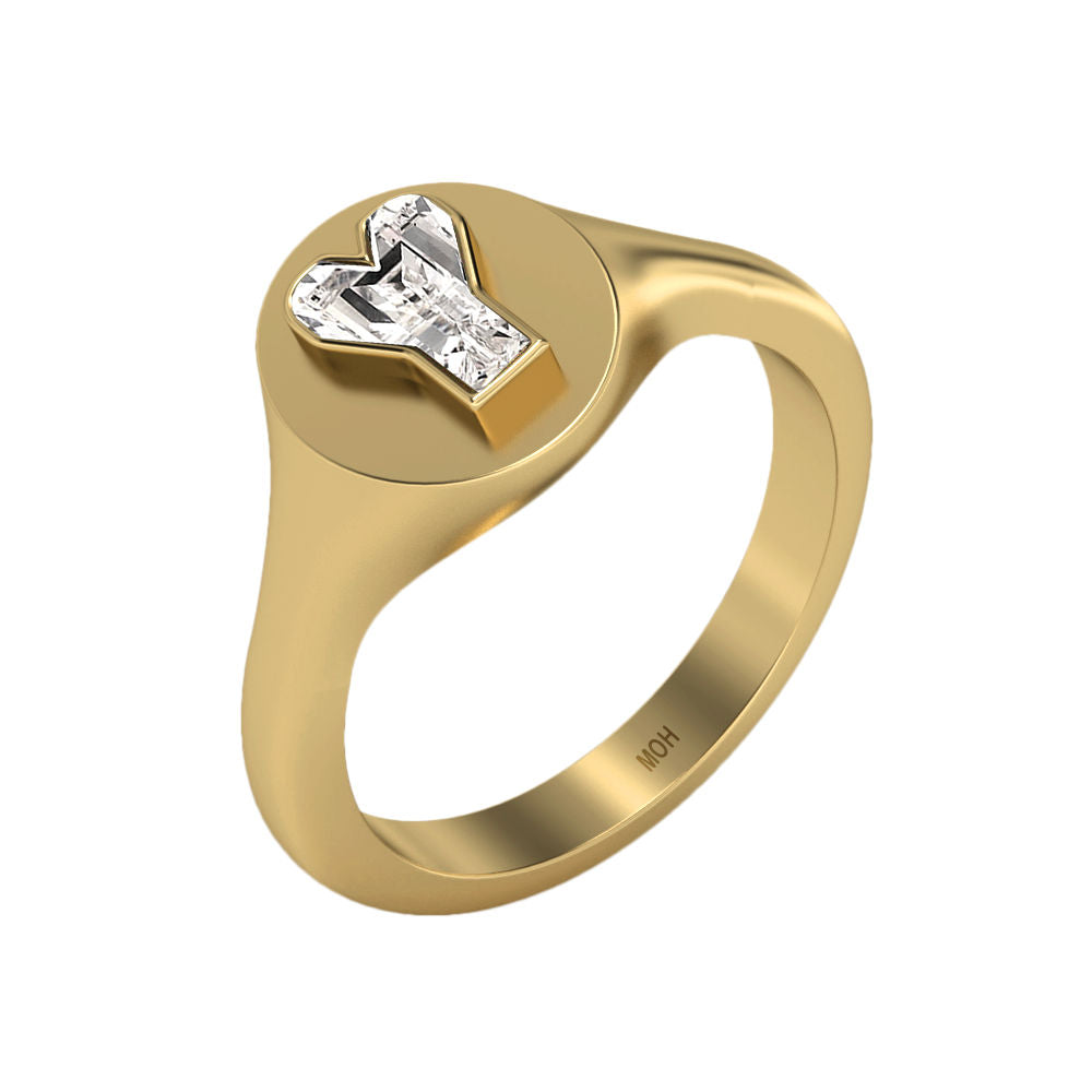 Alphabet 18K Gold Initial Y Signet Ring w. Solitaire Lab-Grown Diamond