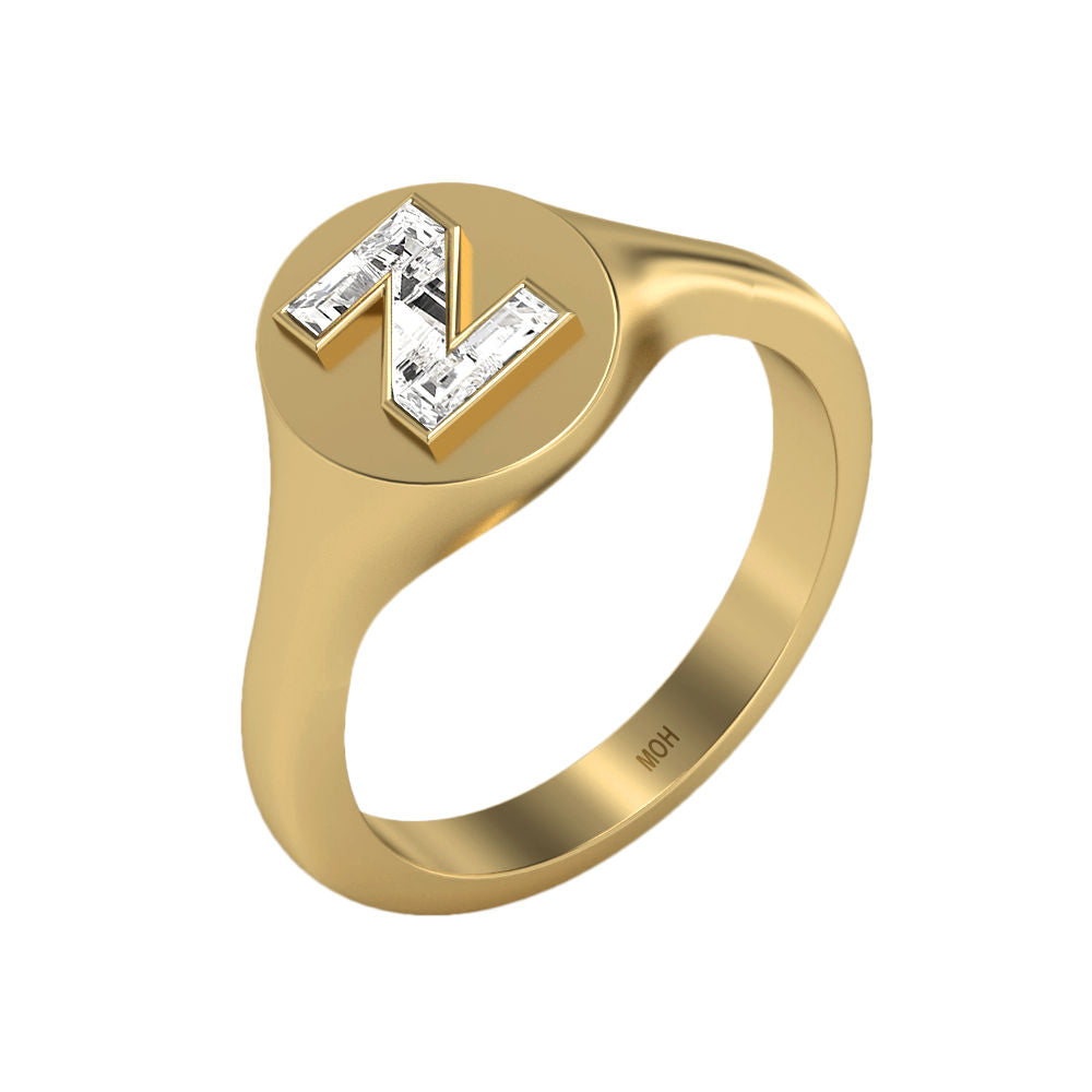 Alphabet 18K Gold Initial Z Signet Ring w. Solitaire Lab-Grown Diamond