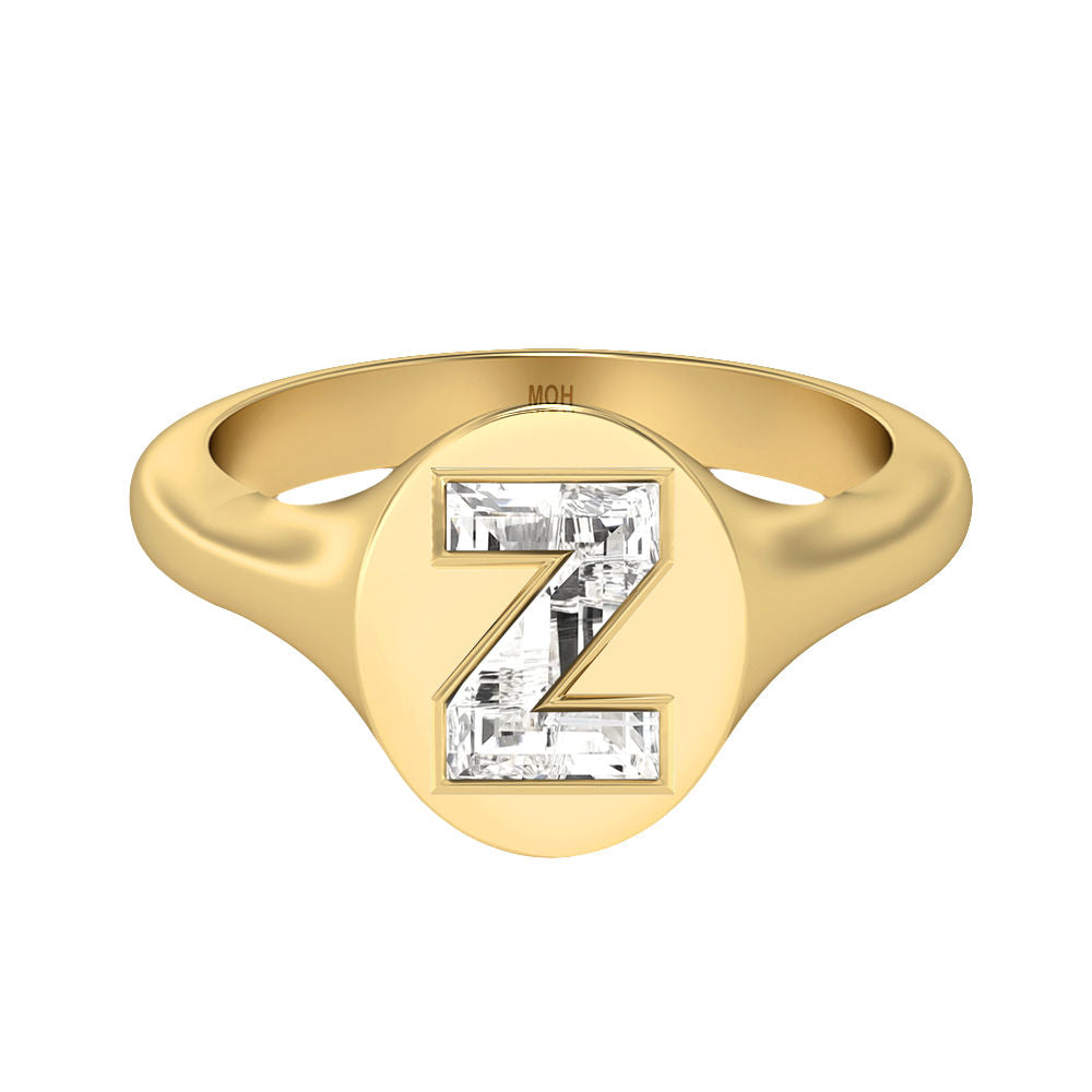 Alphabet 18K Gold Initial Z Signet Ring w. Solitaire Lab-Grown Diamond