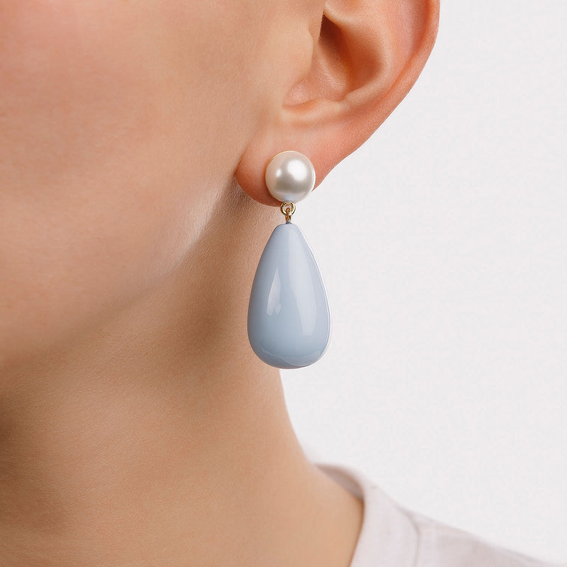 Drop Baby Blue & White Gold Plated Earrings w. Pearls