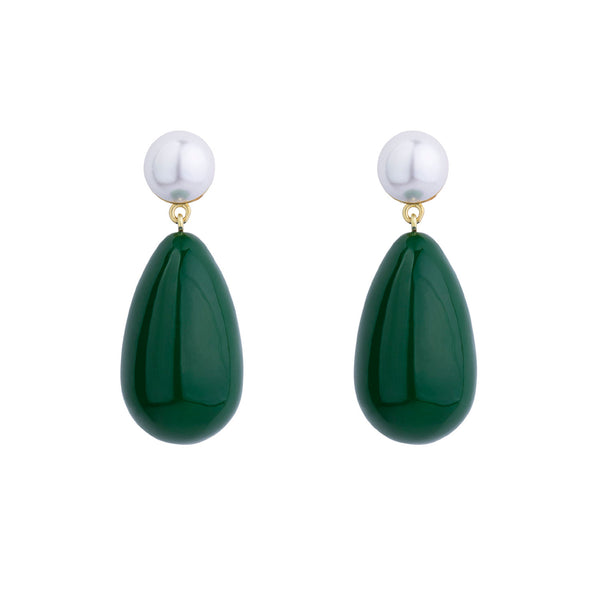Drop Green & White Gold Plated Earrings w. Pearls