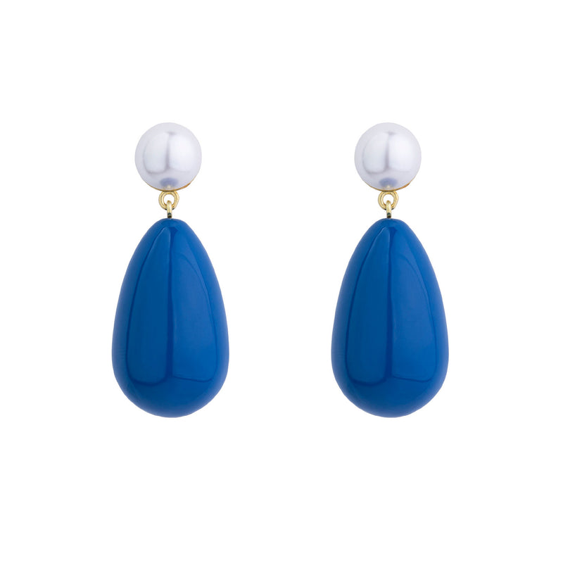 Drop Blue & White Gold Plated Earrings w. Pearls