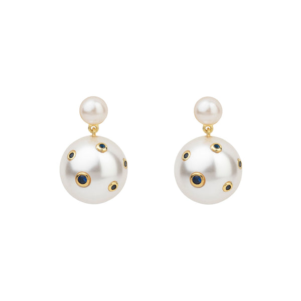 Mini Drops-Ohrringe goldplattiert I blaue Swarowski Steine I Weiße Perlen