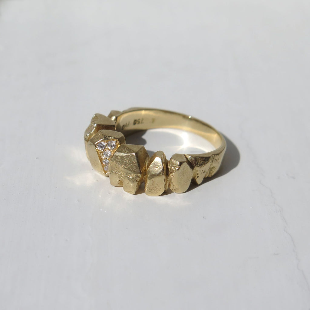 Chunky Nugget Ring Gold, White Diamonds