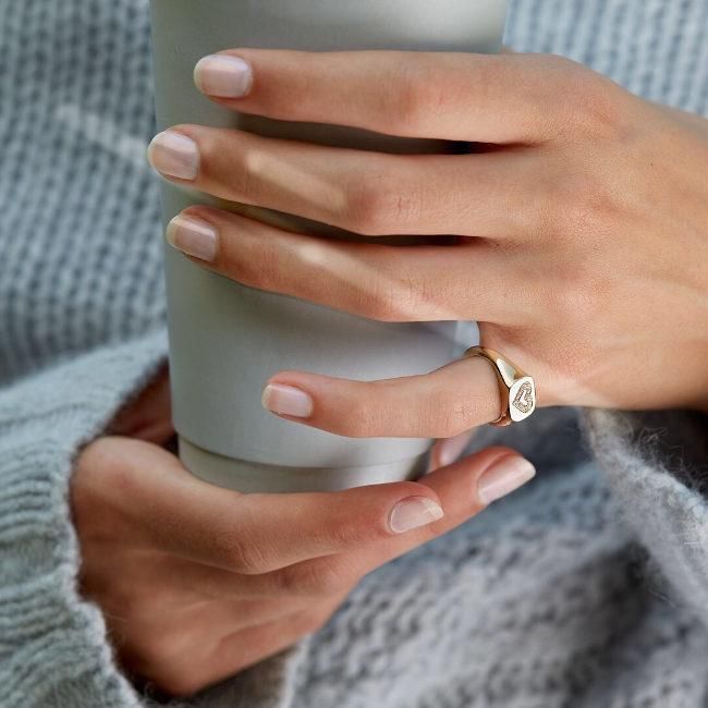 Rock Heart Signet Solid 18K Gold Ring w. Diamonds