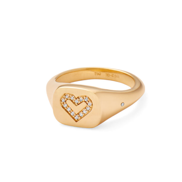 Rock Heart Signet Solid 18K Gold Ring w. Diamonds