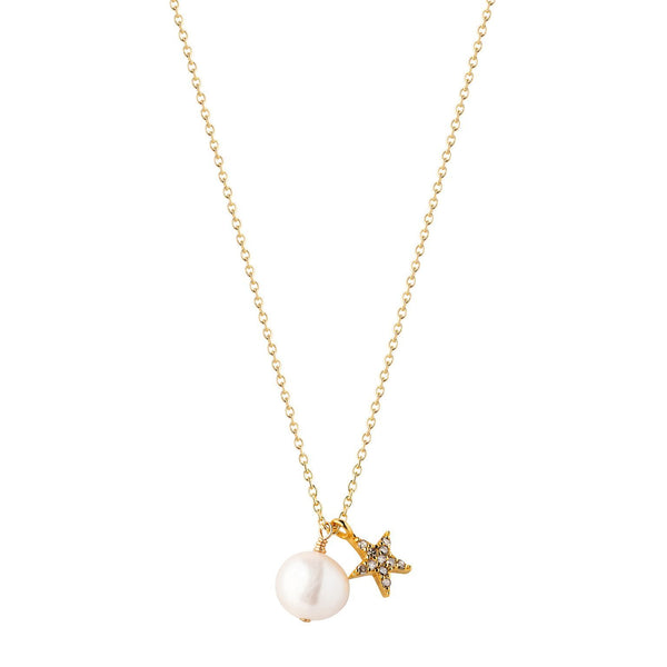 Pearl & Star Gold Plated Necklace w. Pearl & Diamond