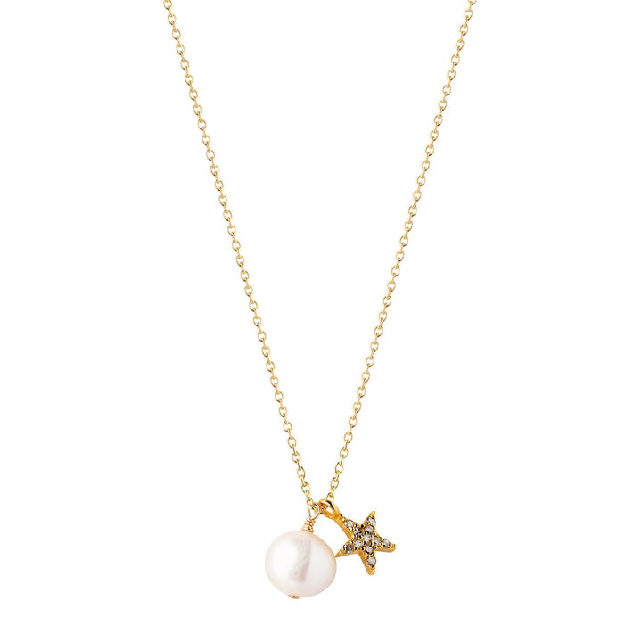 Perle & Star Forgyldt Halskæde m. Perle & Diamant
