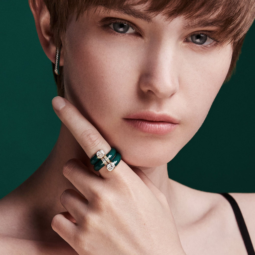 Toi et Moi Green Asscher 18K Gold Ring w. Lab-Grown Diamonds