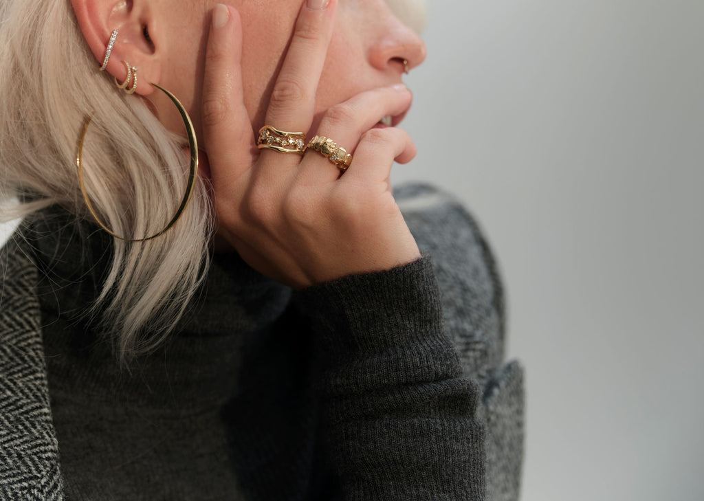 Chunky Nugget Ring Gold, White Diamonds