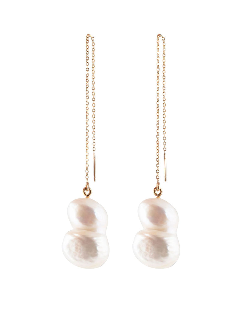 Twin Pearl Chain Gold Plated Earrings w. Pearl