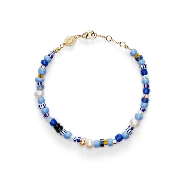 Surf Rider Gold Plated Bracelet w. Blue Ocean Beads & Pearls