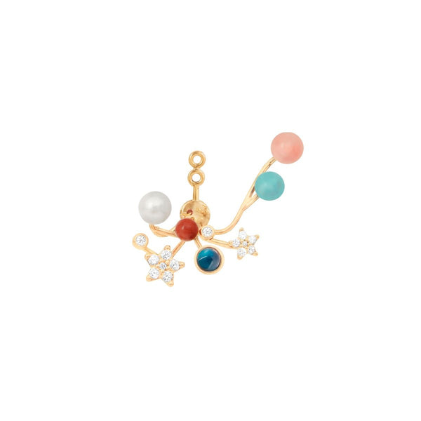 Shooting Stars 18K Gold Earring-pendant w. Diamonds, Coral, Turquoise, Pearl & Topaz