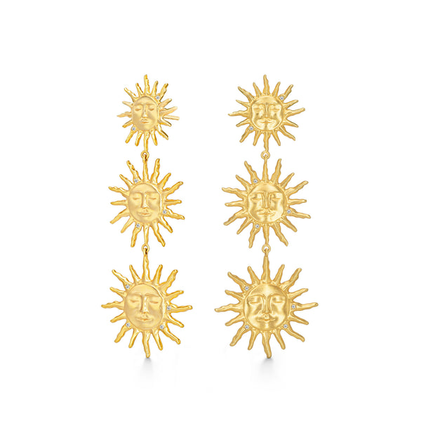 Three Suns Earrings Gold Plated, White Zirconia