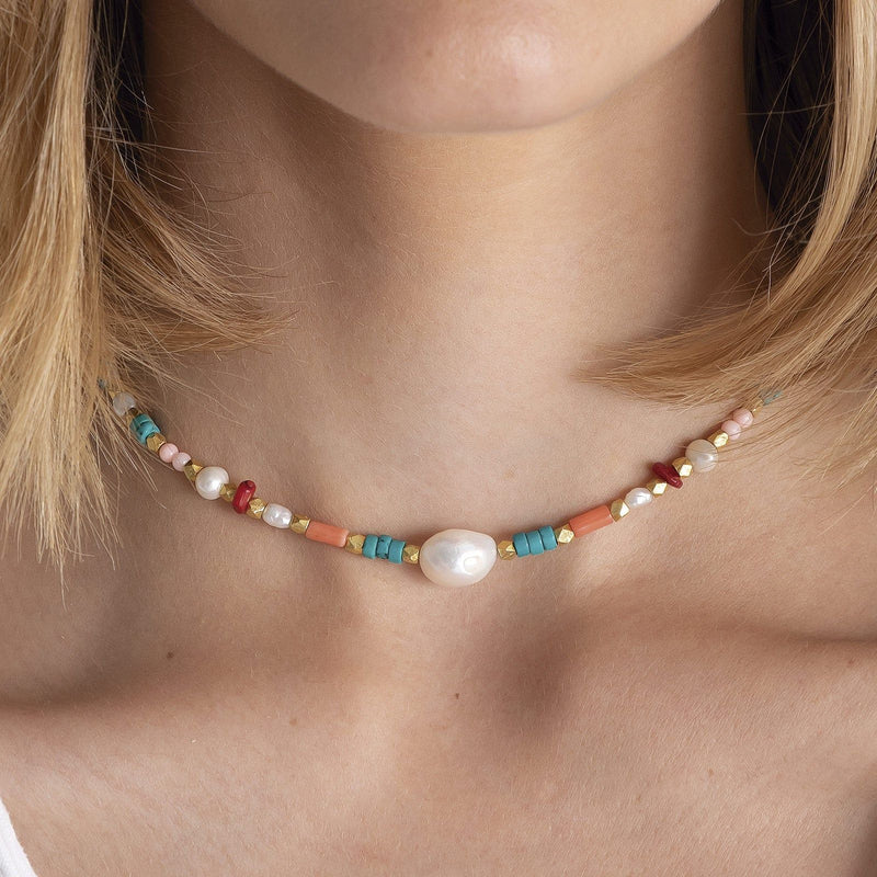 Ningaloo 18K Gold Plated Necklace w. Coral, Pearls & Turquoise