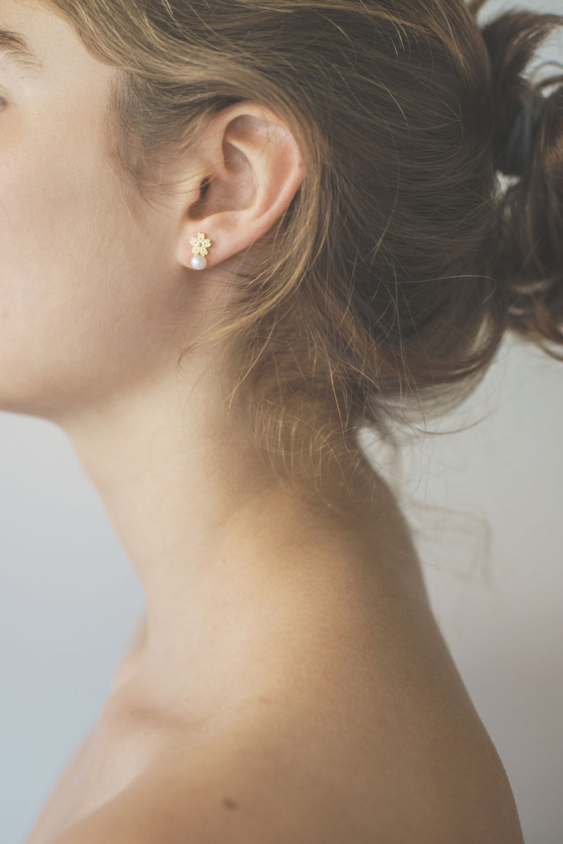 Sakura Earrings Gold Plated, White Pearls