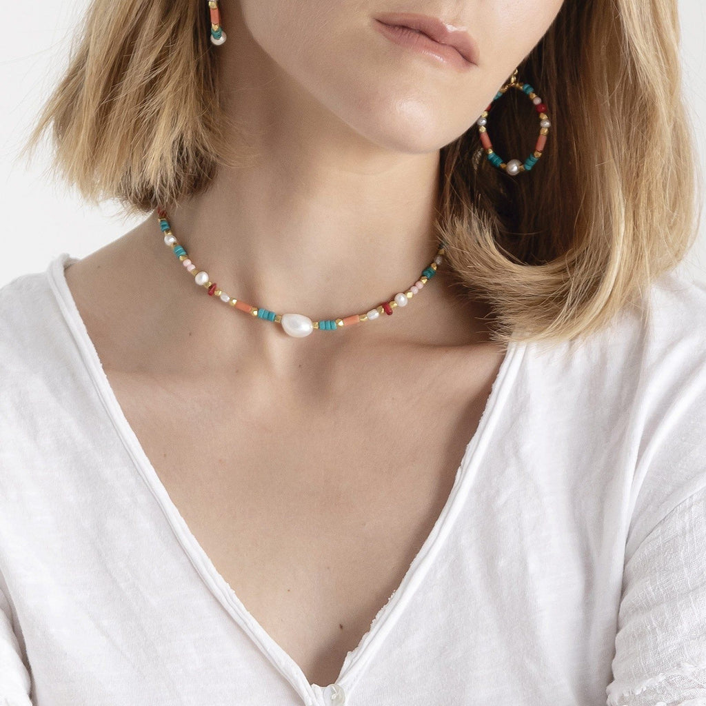 Ningaloo 18K Gold Plated Necklace w. Coral, Pearls & Turquoise