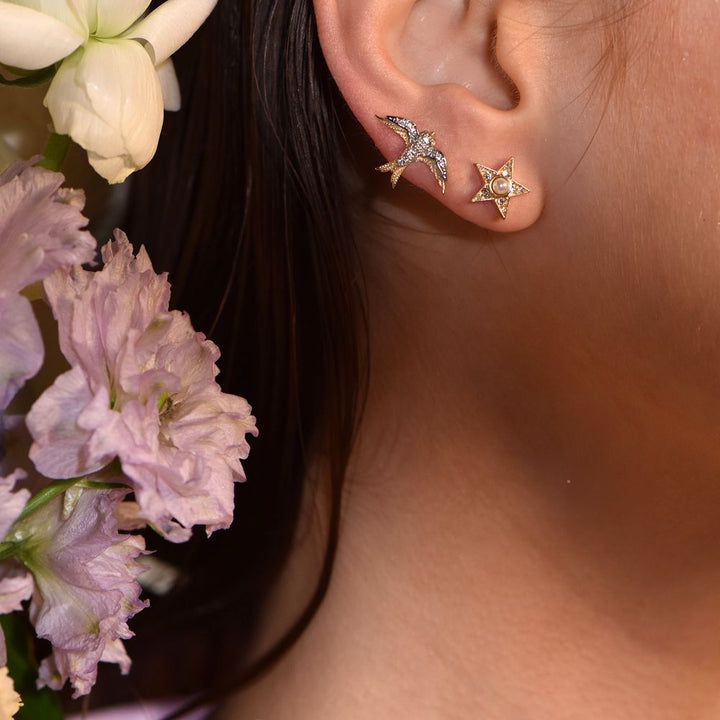 Swallow Bird 14K Gold Studs w. Diamonds