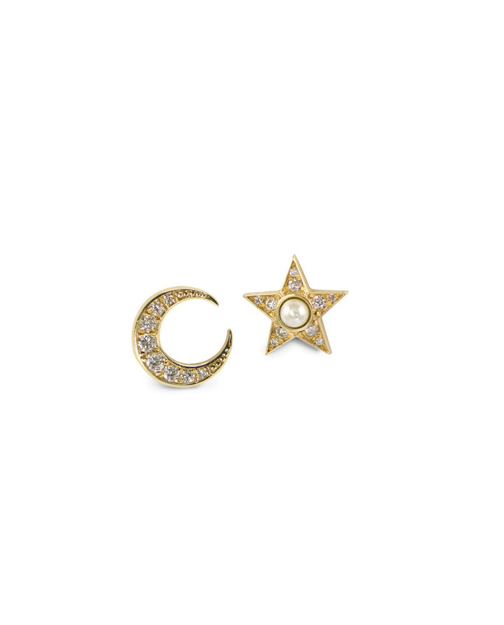 Moon & Star 14K Gold Studs w. Diamonds