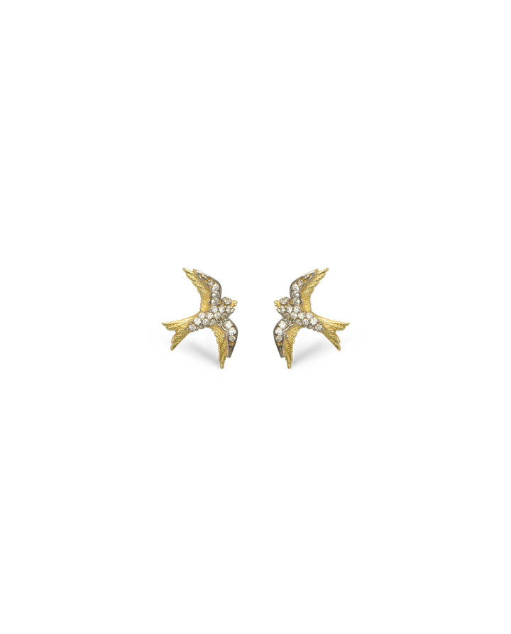 Swallow Bird 14K Gold Studs w. Diamonds