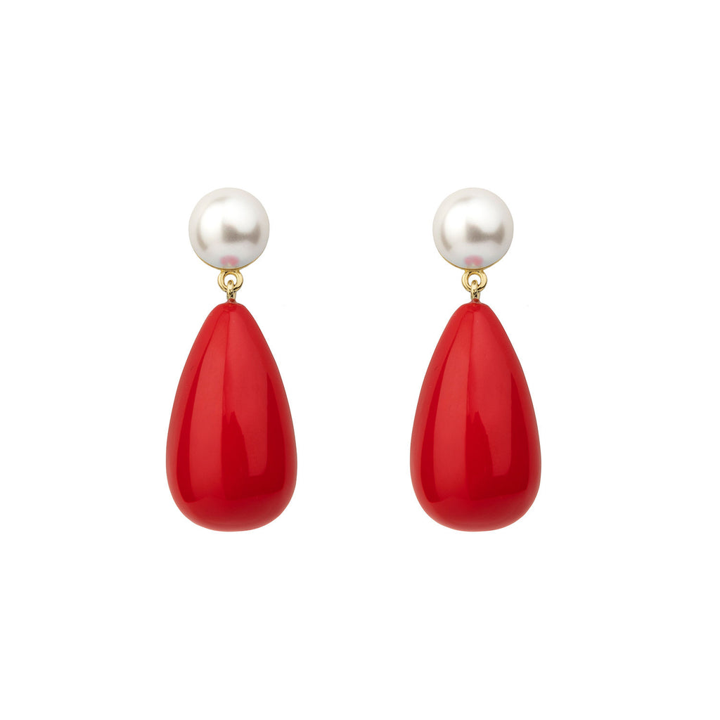 Drop Red & White Gold Plated Earrings w. Pearls