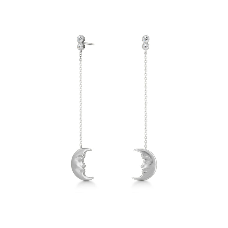 Hanging Moon Earrings Silver, White Zirconia