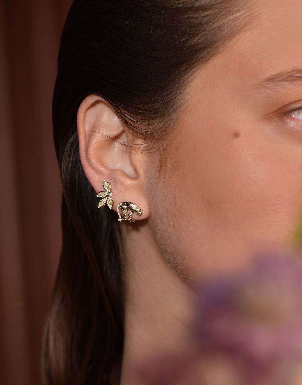 Leopard Single 14K Gold Stud w. Diamonds