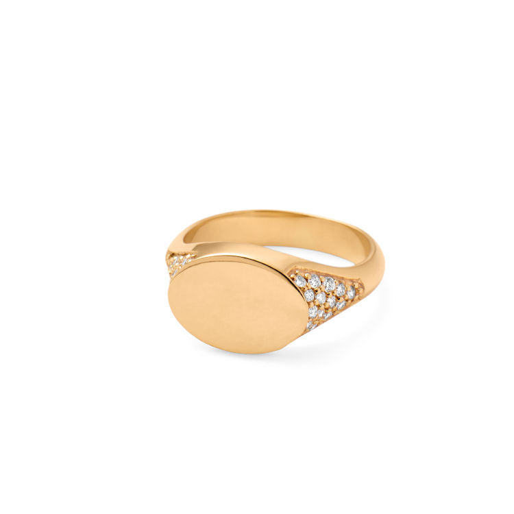 Rock Round Signet 18K Gold Ring w. Diamonds