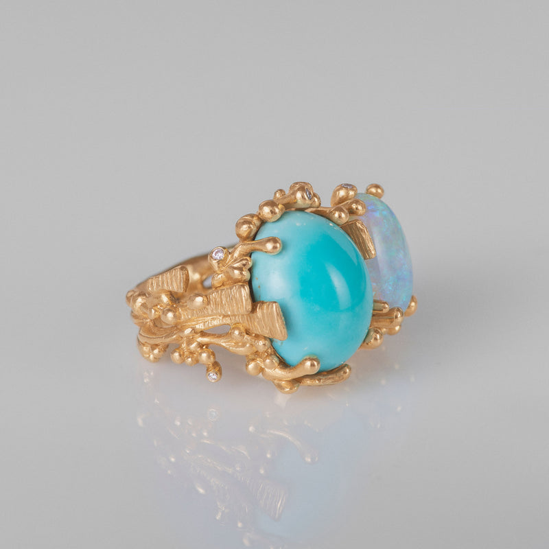 BoHo Double 18K Gold Ring w. Diamond, Opal & Turquoise