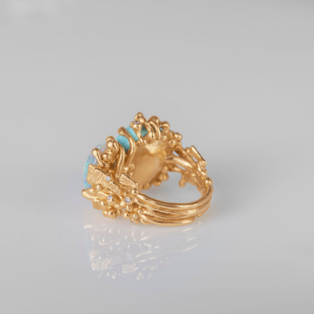 BoHo Double 18K Gold Ring w. Diamond, Opal & Turquoise