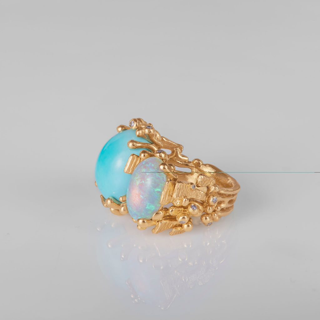 BoHo Double 18K Gold Ring w. Diamond, Opal & Turquoise