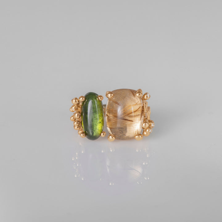 BoHo Double 18K Guld Ring m. Diamant, Turkis & Rutil Kvarts