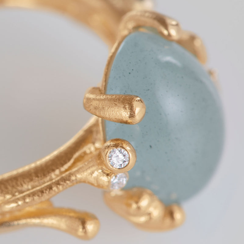 BoHo Small 18K Gold Ring w. Diamonds & Aquamarine