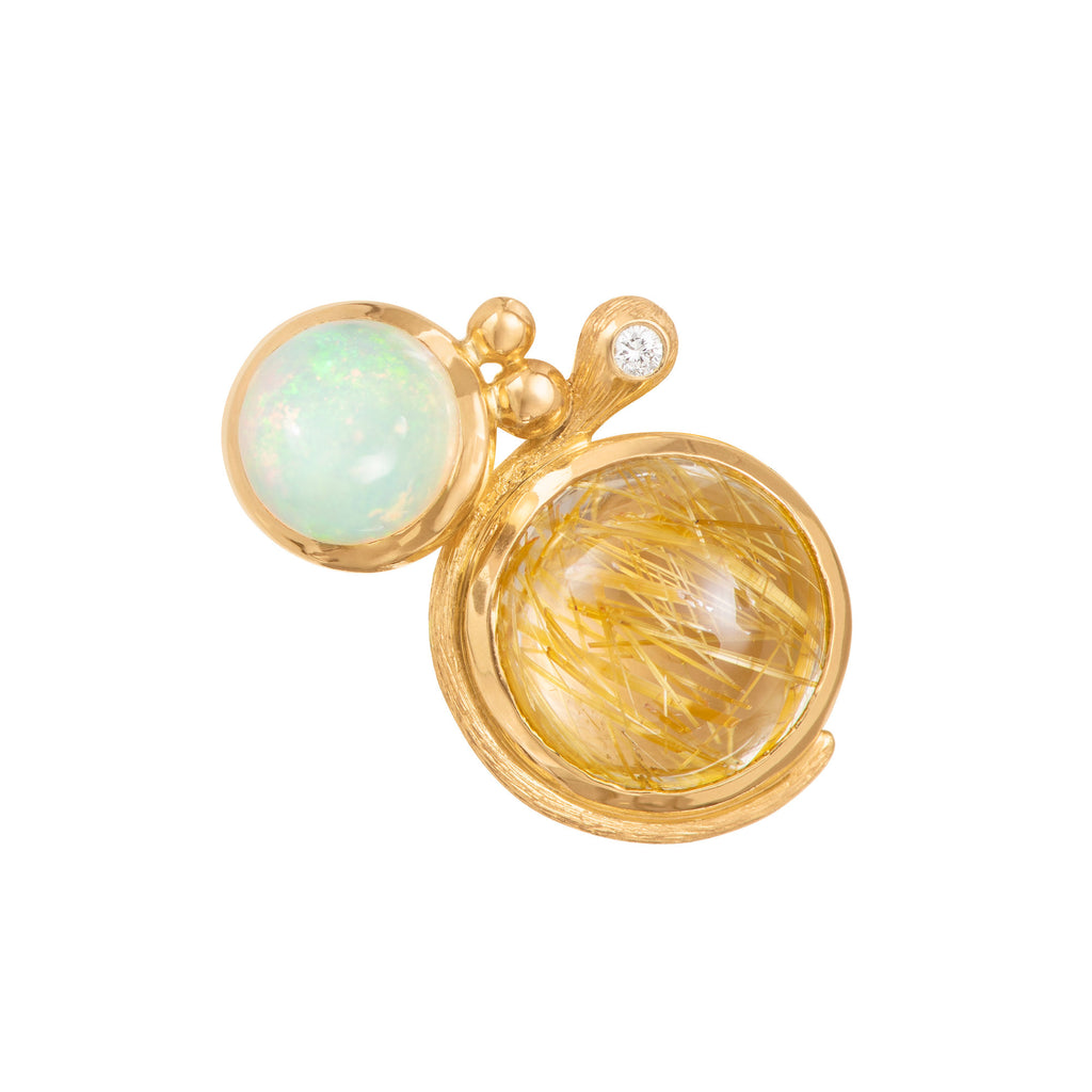 Lotus 18K Gold Studs w. Opal, Rutile Quartz & Diamond