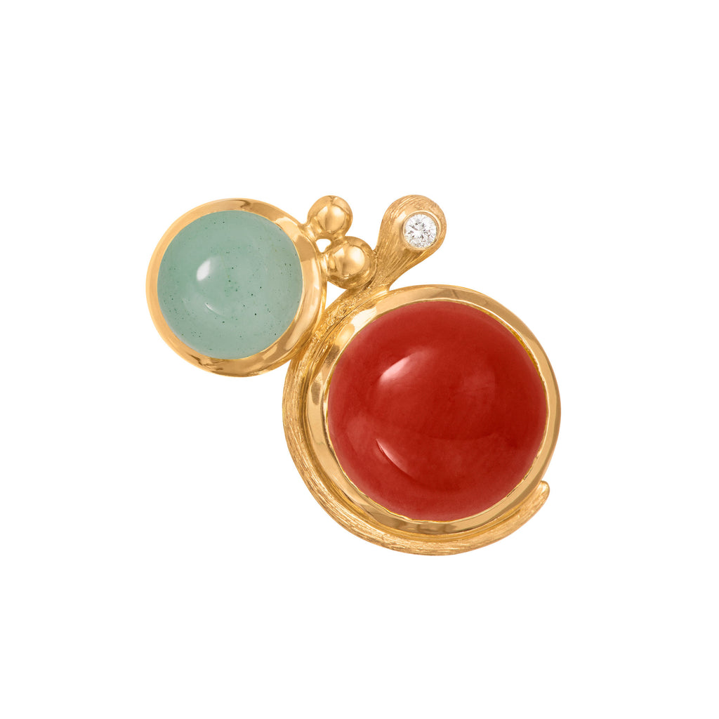 Lotus 18K Gold Studs w. Aquamarine, Coral & Diamond