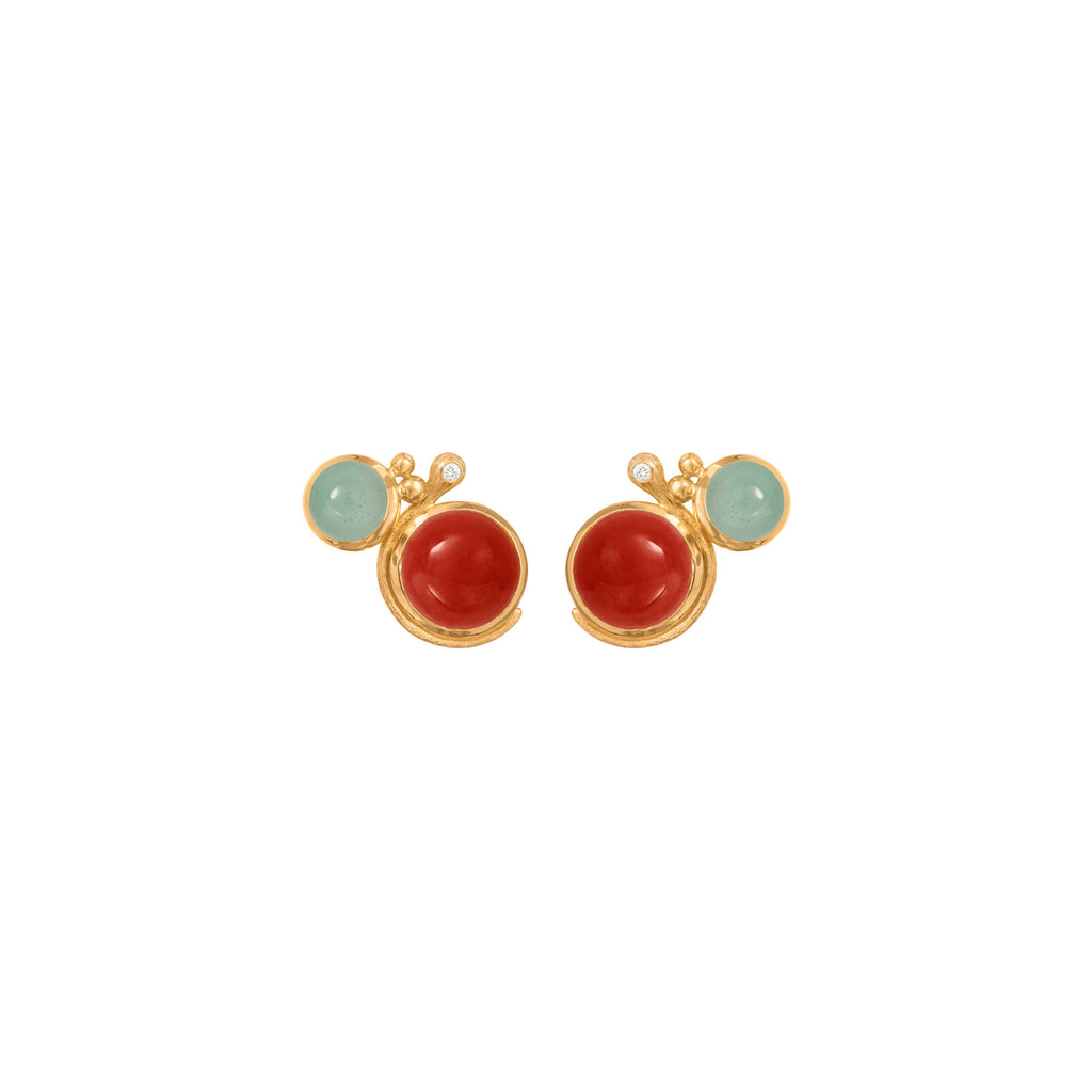 Lotus 18K Gold Studs w. Aquamarine, Coral & Diamond