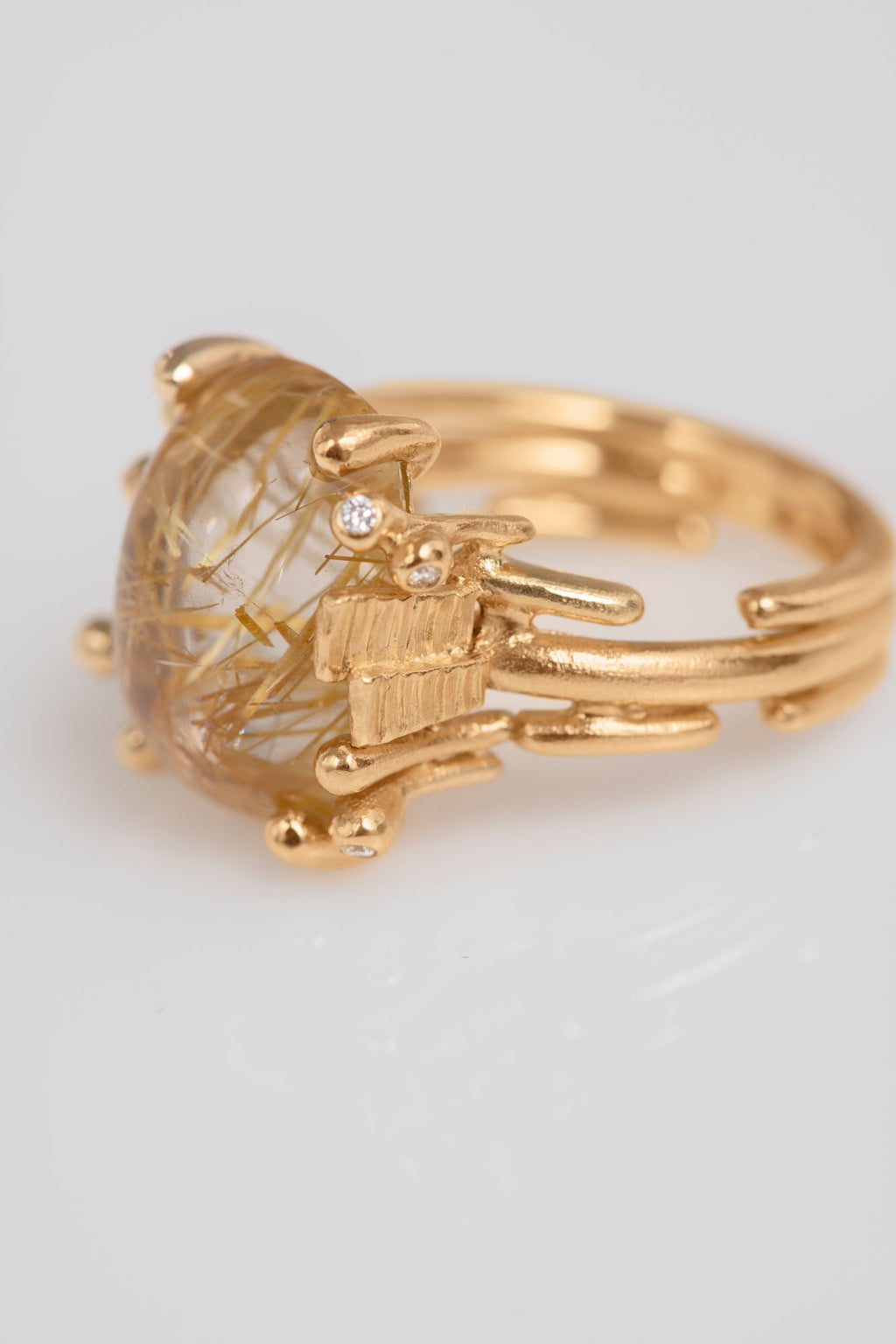 BoHo Medium 18K Gold Ring w. Diamonds & Rutile Quartz