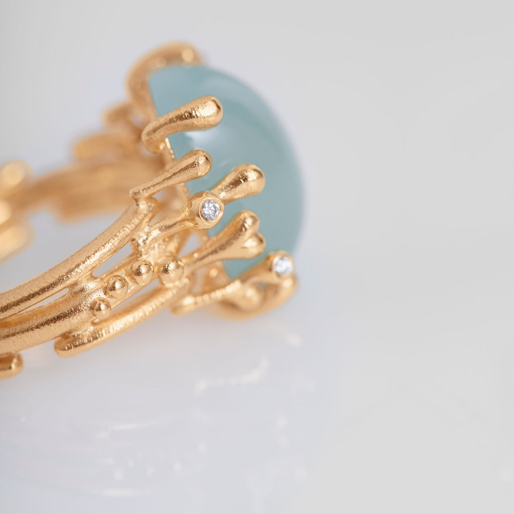 BoHo mittelgroßer Goldring aus 18K I Diamanten & Aquamarin
