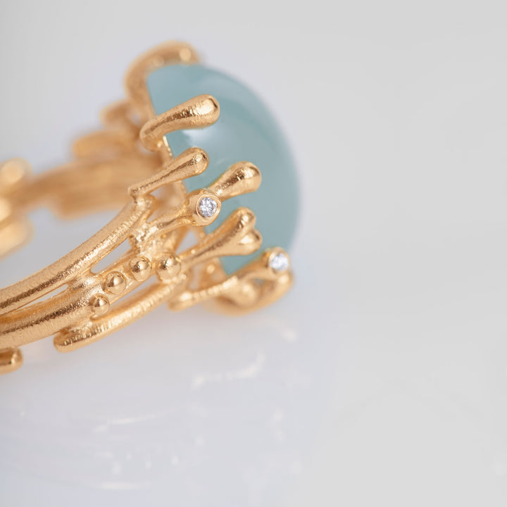 BoHo Medium 18K Guld Ring m. Diamanter & Akvamarin