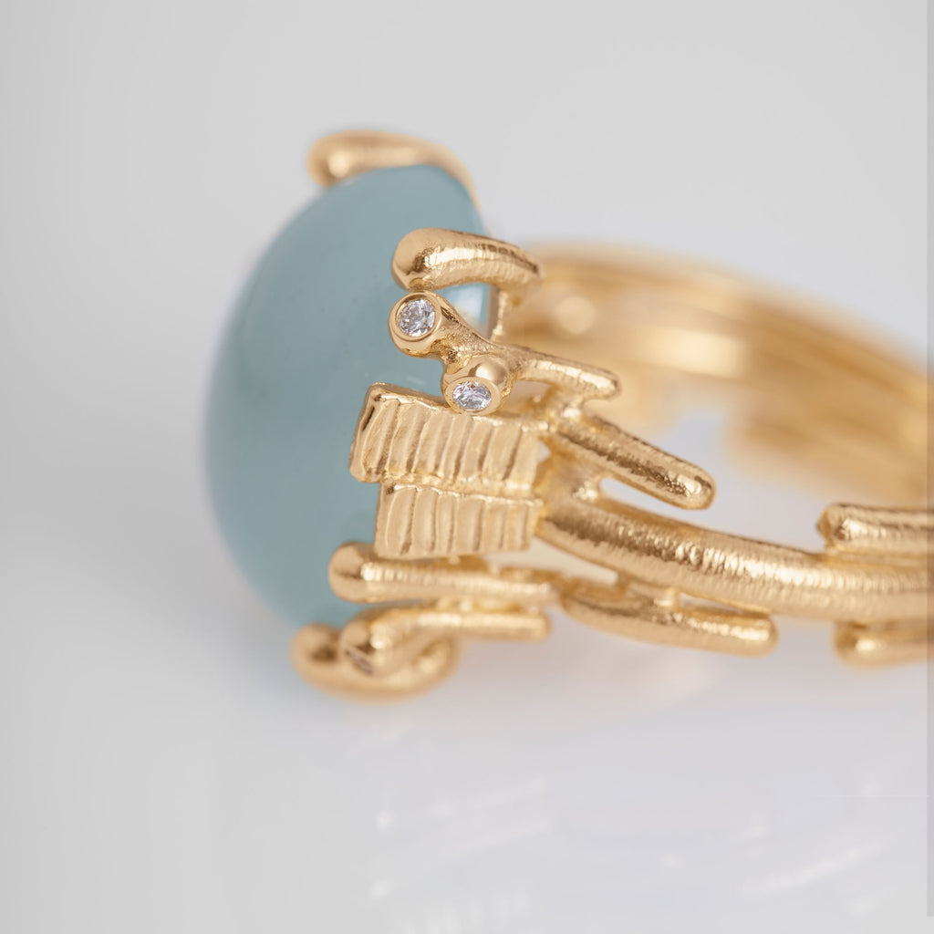 BoHo mittelgroßer Goldring aus 18K I Diamanten & Aquamarin
