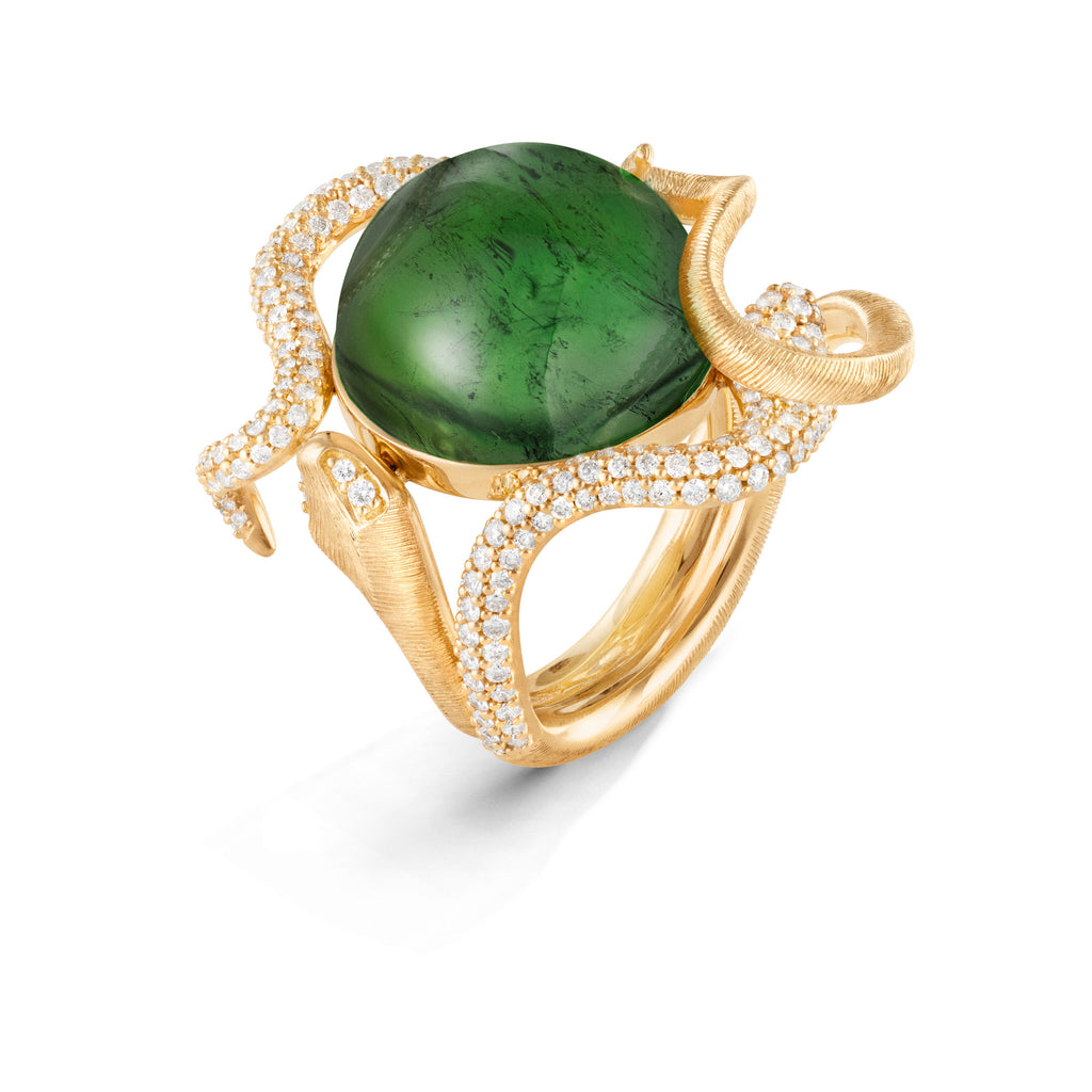 Snakes Pavé 18K Gold Ring w. Tourmaline & Diamonds